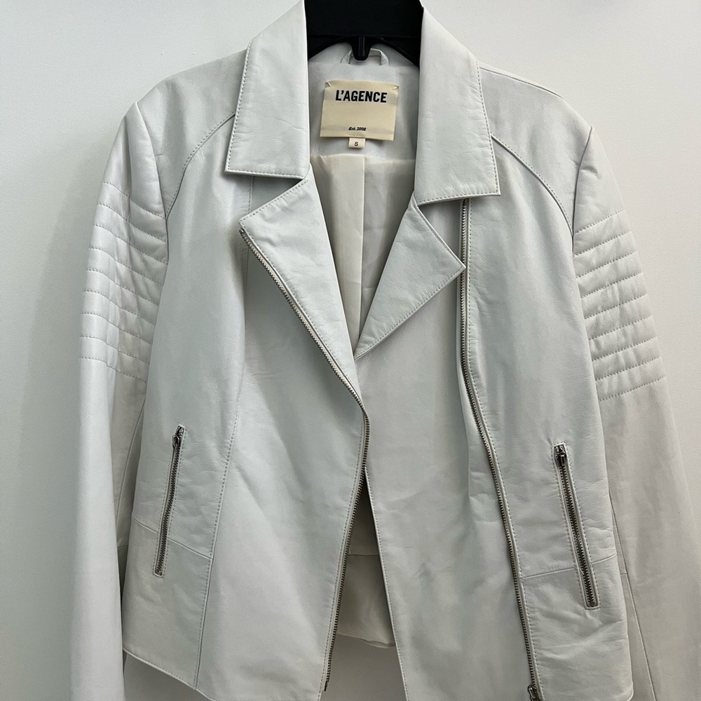 L’AGENCE White Leather Peplum Jacket
